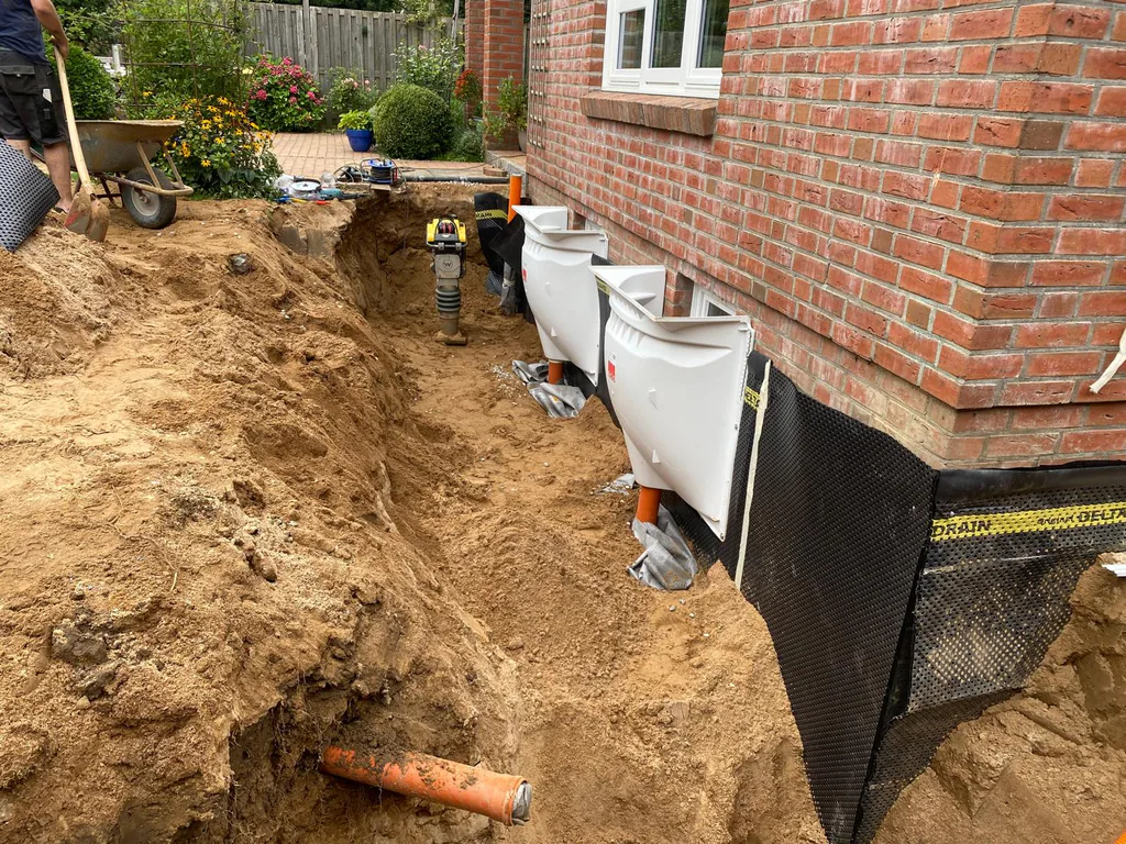 Offener Arbeitsgraben an einem Backsteinhaus: an der Wand eine schwarze Noppenbahn, davor zwei weiße Lichtschächte und ein orangefarbenes Drainagerohr im Sand.