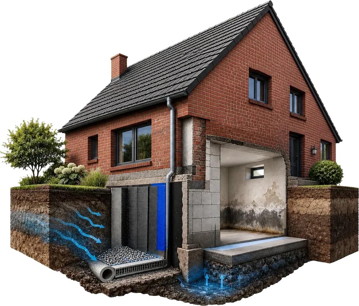 Architektonisches Schnittmodell eines Backsteinhauses mit freigelegter Kellerwand, Abdichtung, Drainage und dargestellten Wasserwegen; im Keller sind ein Feuchteband, Salzausblühungen und abplatzender Putz zu sehen.