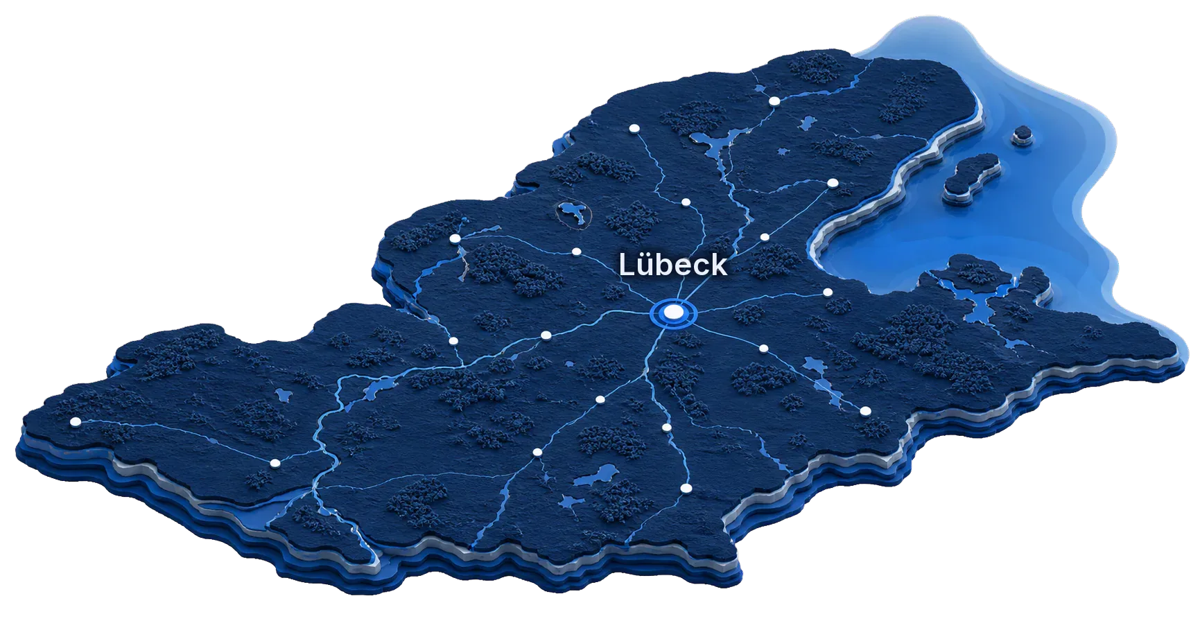 Dreidimensionale topografische Illustration des Einsatzgebiets zwischen Hamburg, Lübeck und der Ostseeküste, mit Lübeck als hervorgehobenem Standort.